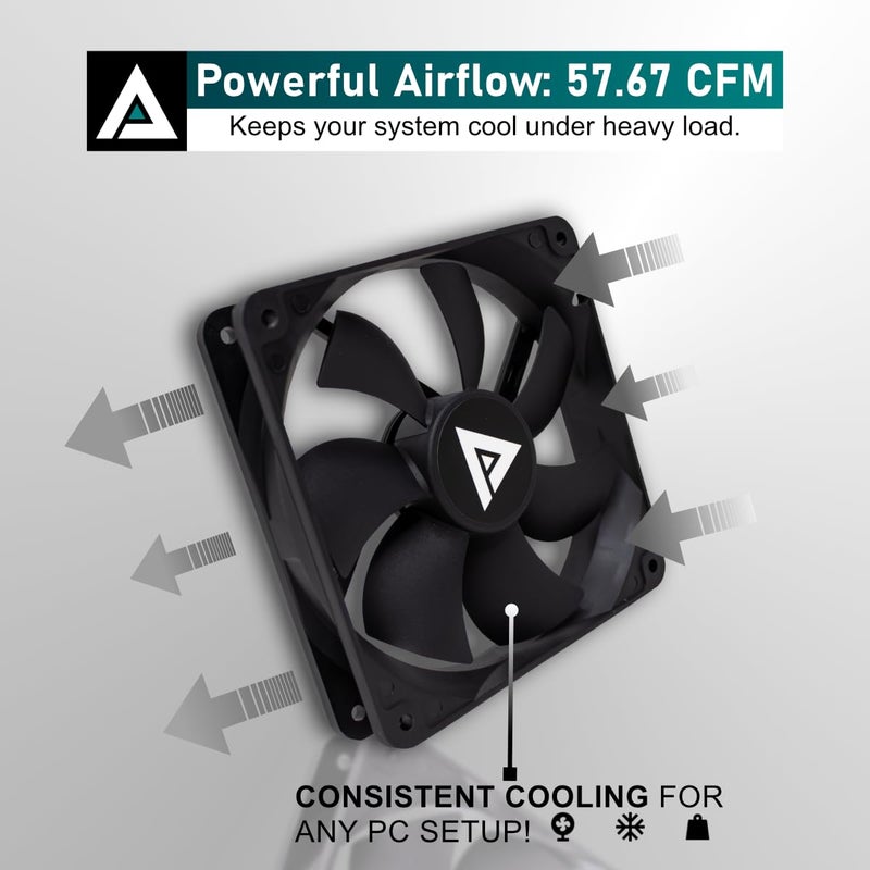 Apevia 120mm Silent PC Case Fan â€“ CF12S-BK, High Airflow 57.67 CFM, Low Noise 24.7 dBA, 4-Pin Molex & 3-Pin Motherboard Connector, 1350 RPM Cooling Fans - Image 5